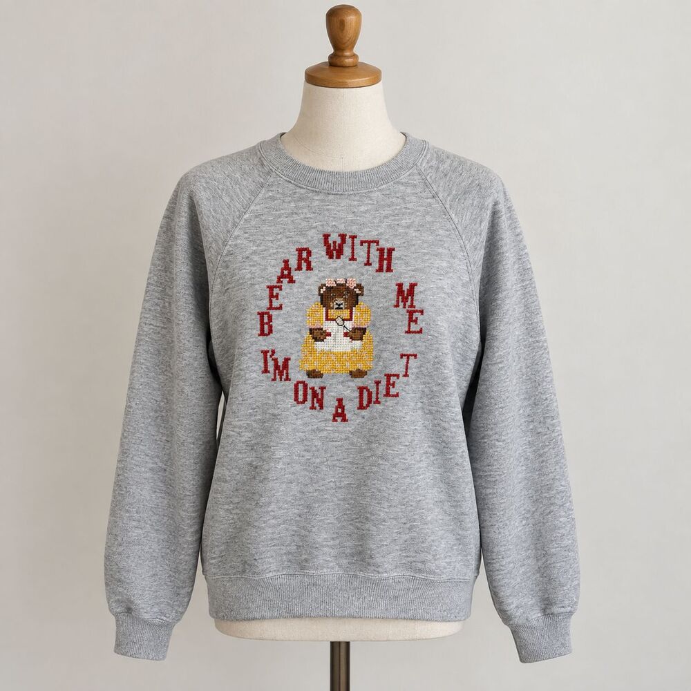 VTG Cross Stitch "Bear With Me I'm On A Diet" Sweatshirt S/M Crewneck Pullover
